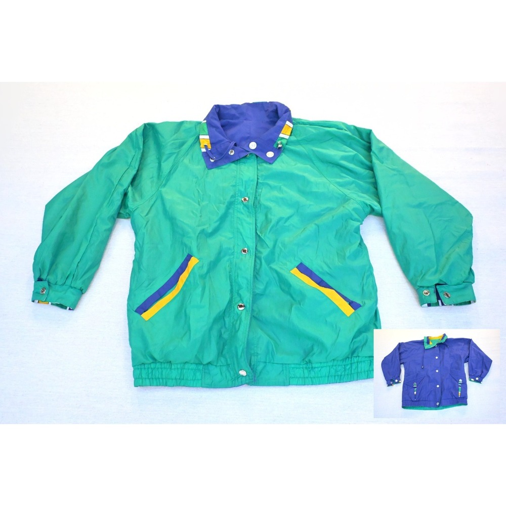Vintage Unisex Reversible Windbreaker Jade Green Royal Blue Nautical Snap Front